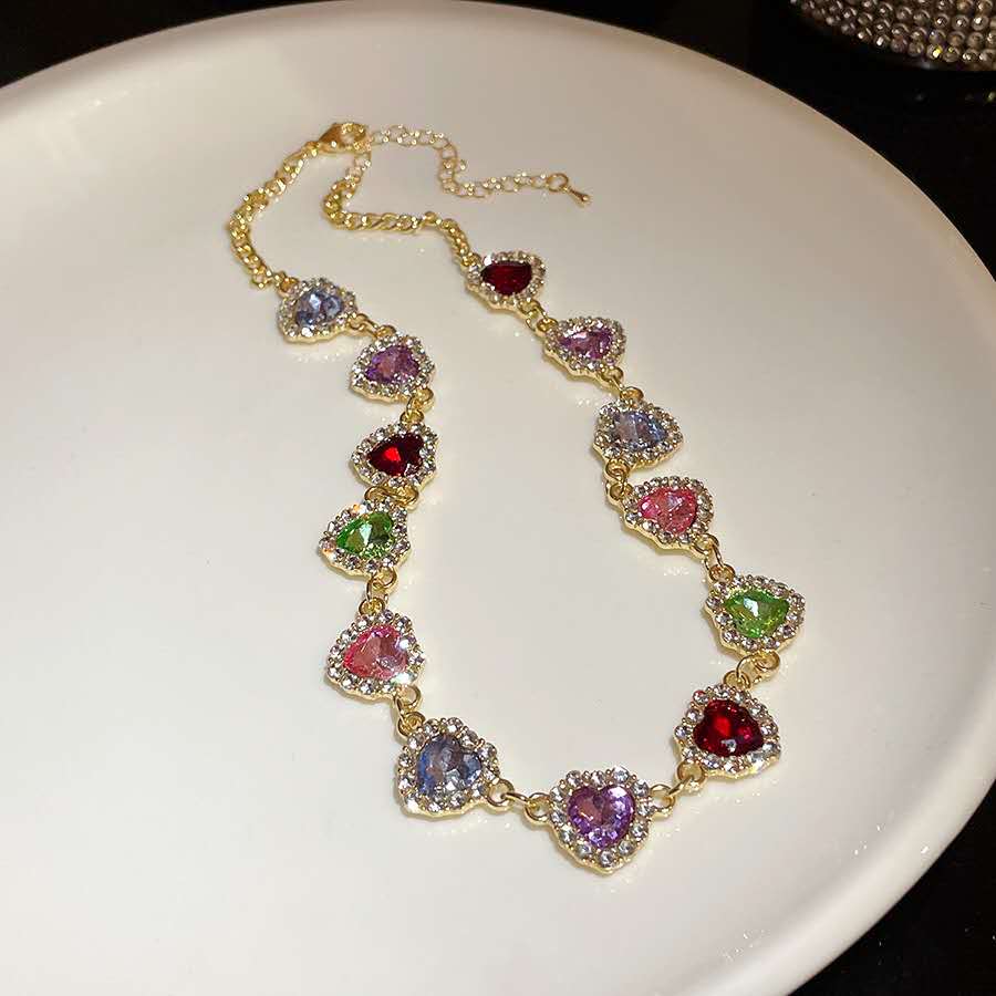 Parure de bijoux cœur, collier et bracelet, oxydes de zirconium colorés, chaîne ajustable