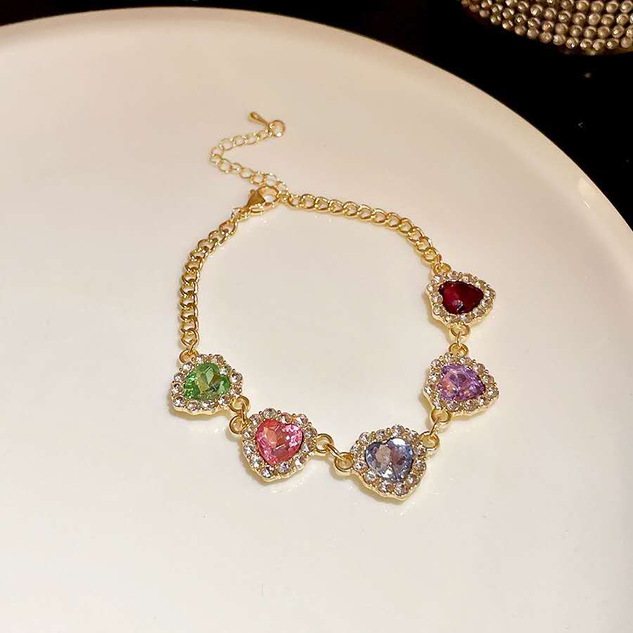 Heart Gem Jewelry Set, Necklace & Bracelet, Colourful Cubic Zirconia, Adjustable Chain