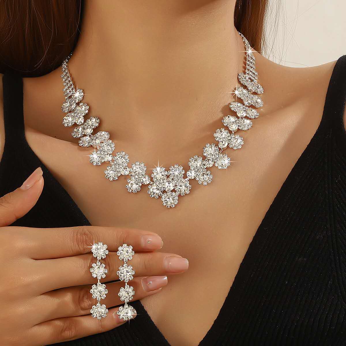 Sparkling Rhinestone Floral Jewelry Set, Necklace & Drop Earrings, Wedding Formal Party Jewellery