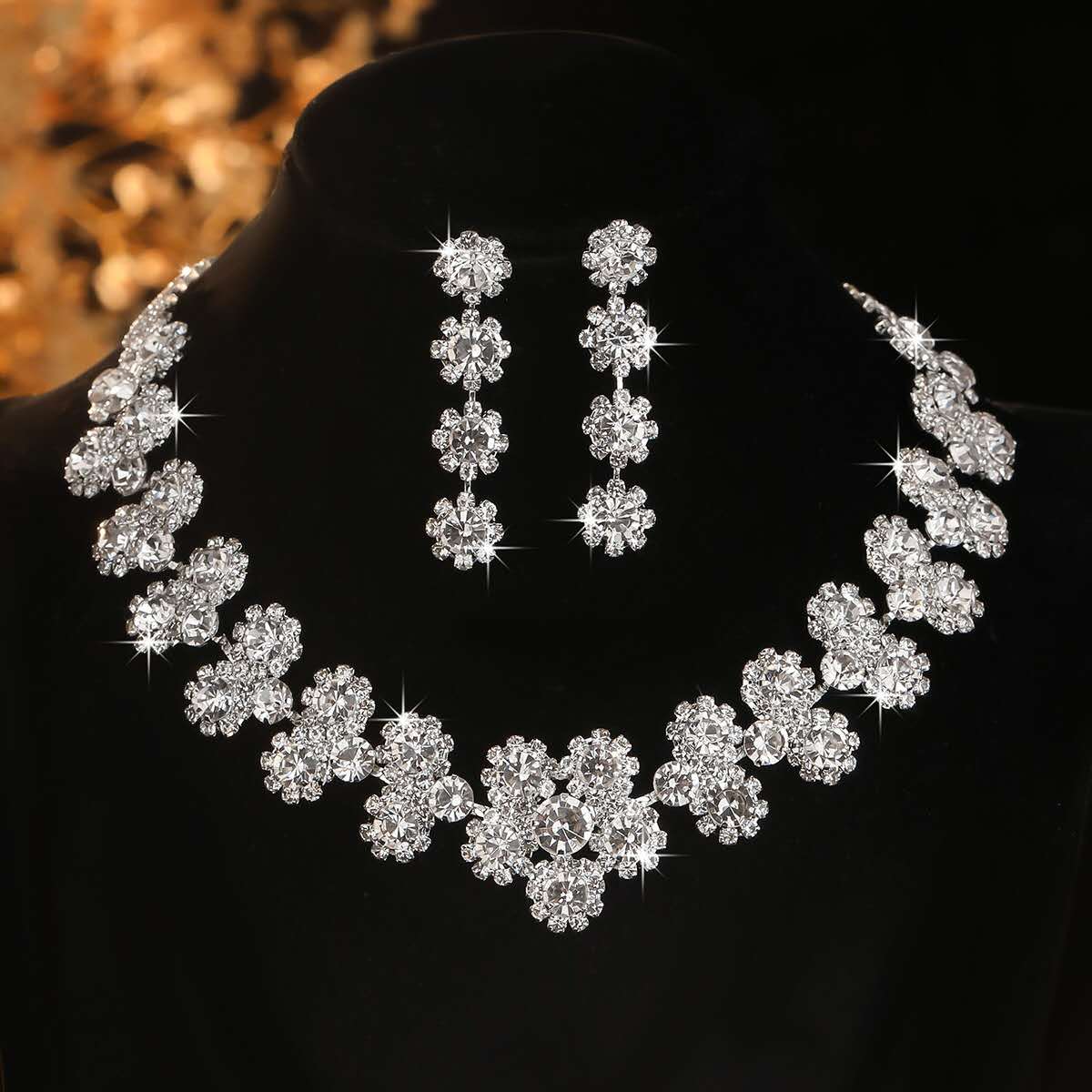 Sparkling Rhinestone Floral Jewelry Set, Necklace & Drop Earrings, Wedding Formal Party Jewellery