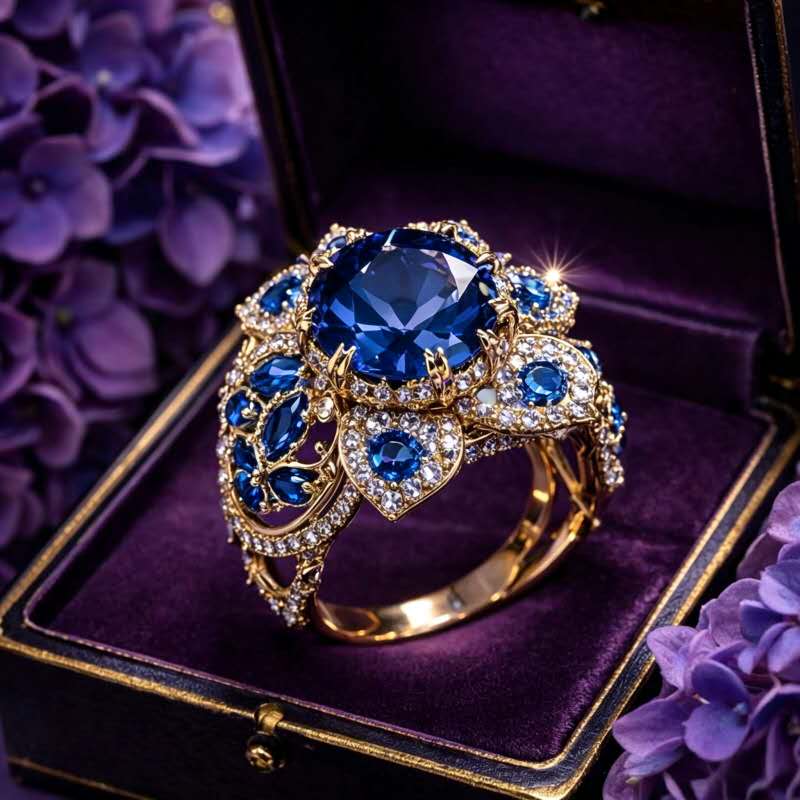 Une bague élégante au style classique ornée d'une pierre précieuse bleue en forme de fleur.