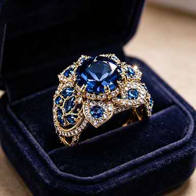 Une bague élégante au style classique ornée d'une pierre précieuse bleue en forme de fleur.