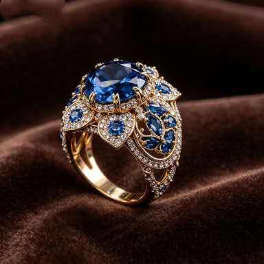 Une bague élégante au style classique ornée d'une pierre précieuse bleue en forme de fleur.