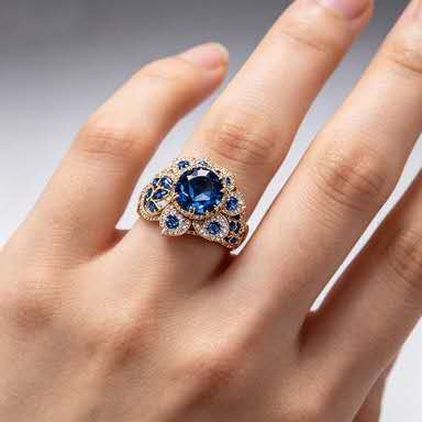 Une bague élégante au style classique ornée d'une pierre précieuse bleue en forme de fleur.