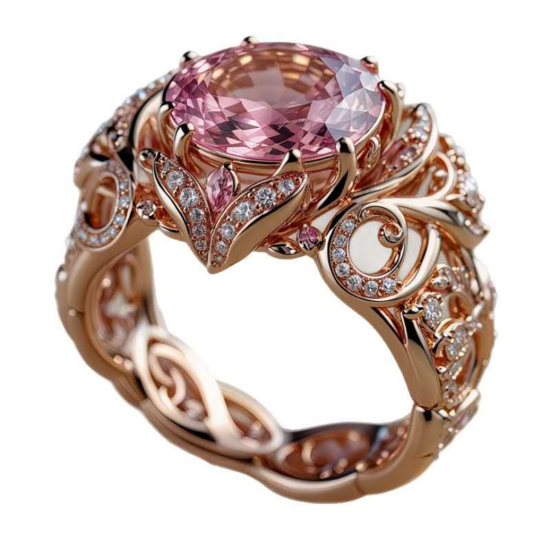 Elegant ring with a pink gemstone and court-style floral motifs.