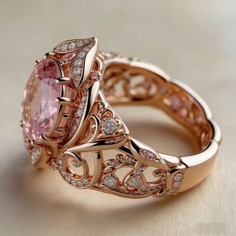 Bague élégante ornée d'une pierre précieuse rose et de motifs floraux de style courtisan.