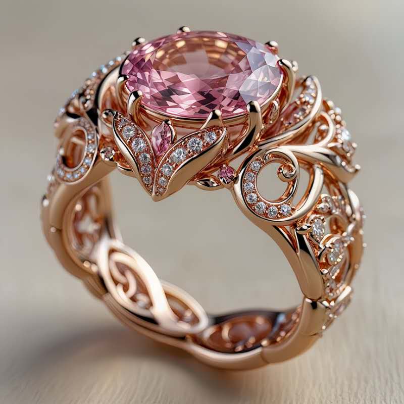 Bague élégante ornée d'une pierre précieuse rose et de motifs floraux de style courtisan.