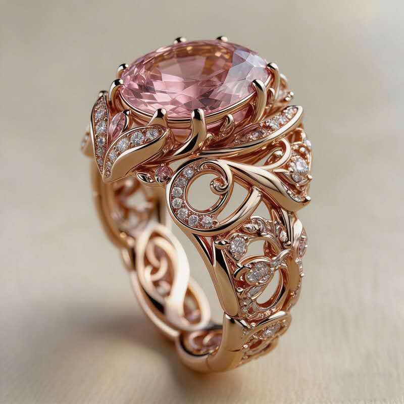 Bague élégante ornée d'une pierre précieuse rose et de motifs floraux de style courtisan.