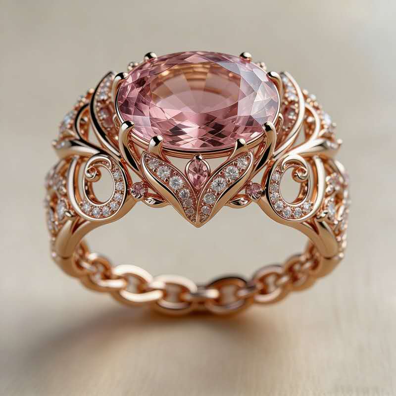 Bague élégante ornée d'une pierre précieuse rose et de motifs floraux de style courtisan.