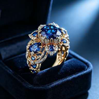 Une bague élégante au style classique ornée d'une pierre précieuse bleue en forme de fleur.