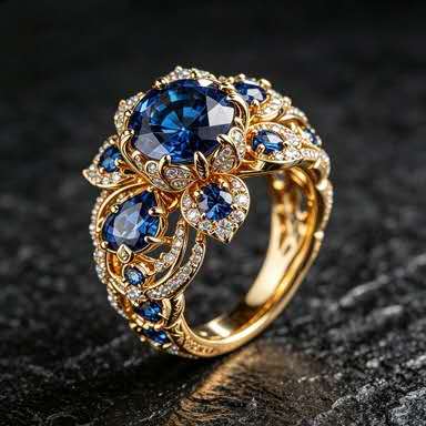 Une bague élégante au style classique ornée d'une pierre précieuse bleue en forme de fleur.