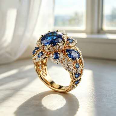 Une bague élégante au style classique ornée d'une pierre précieuse bleue en forme de fleur.