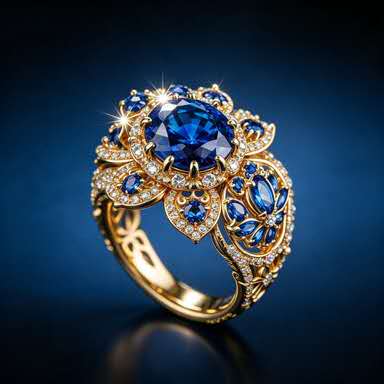 Une bague élégante au style classique ornée d'une pierre précieuse bleue en forme de fleur.