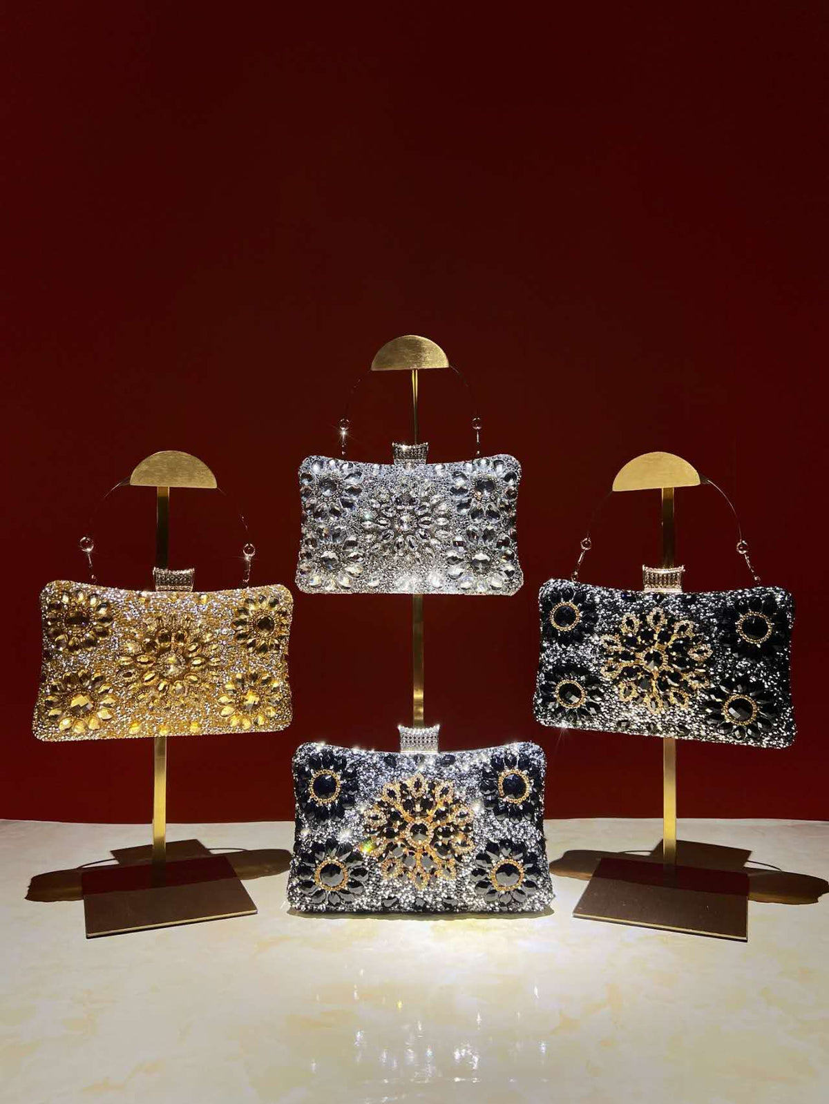 Elegant hard-shell clutch with cubic zirconia and rhinestones.