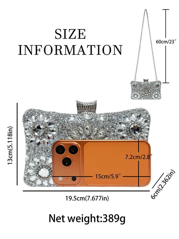 Elegant hard-shell clutch with cubic zirconia and rhinestones.