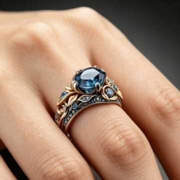 Zirconia and blue rhinestone ring