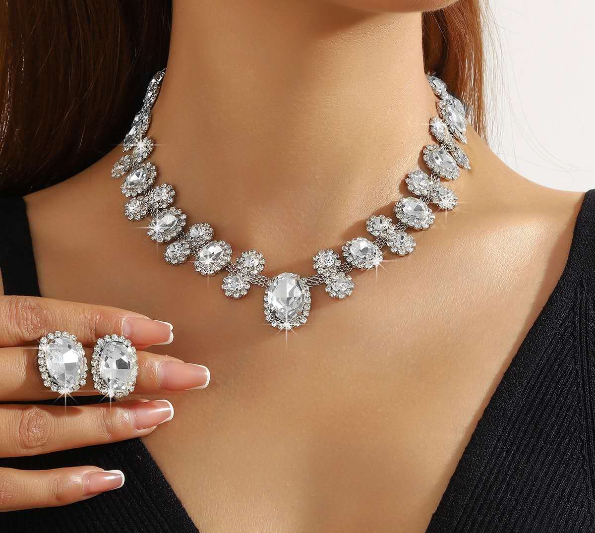 Water Drop Zircon Jewelry Set, Sparkling Rhinestone Necklace and Earrings Two-Piece Set, Luxury Bridal Crystal Jewellery for Wedding Banquet Party