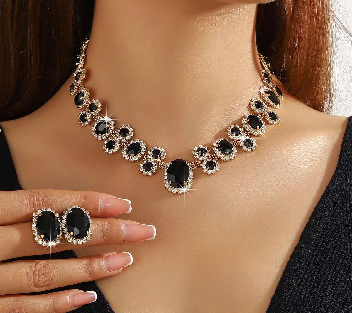 Water Drop Zircon Jewelry Set, Sparkling Rhinestone Necklace and Earrings Two-Piece Set, Luxury Bridal Crystal Jewellery for Wedding Banquet Party
