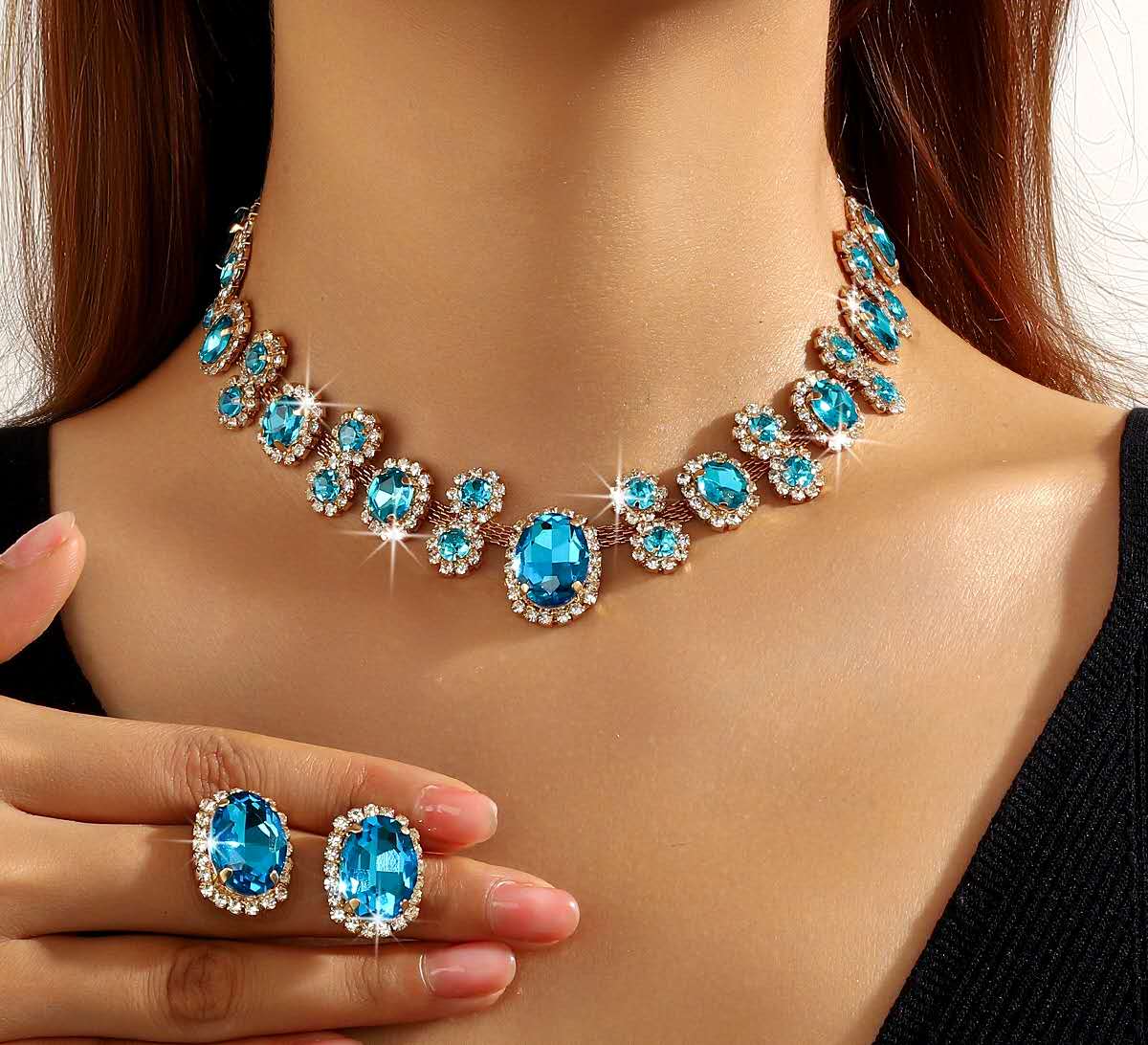 Water Drop Zircon Jewelry Set, Sparkling Rhinestone Necklace and Earrings Two-Piece Set, Luxury Bridal Crystal Jewellery for Wedding Banquet Party