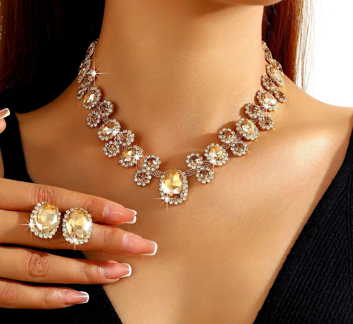 Water Drop Zircon Jewelry Set, Sparkling Rhinestone Necklace and Earrings Two-Piece Set, Luxury Bridal Crystal Jewellery for Wedding Banquet Party