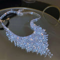 Sparkling Rhinestone Tassel Choker Necklace, Silver Crystal Fringe Statement Necklace for Wedding Party Evening Dress