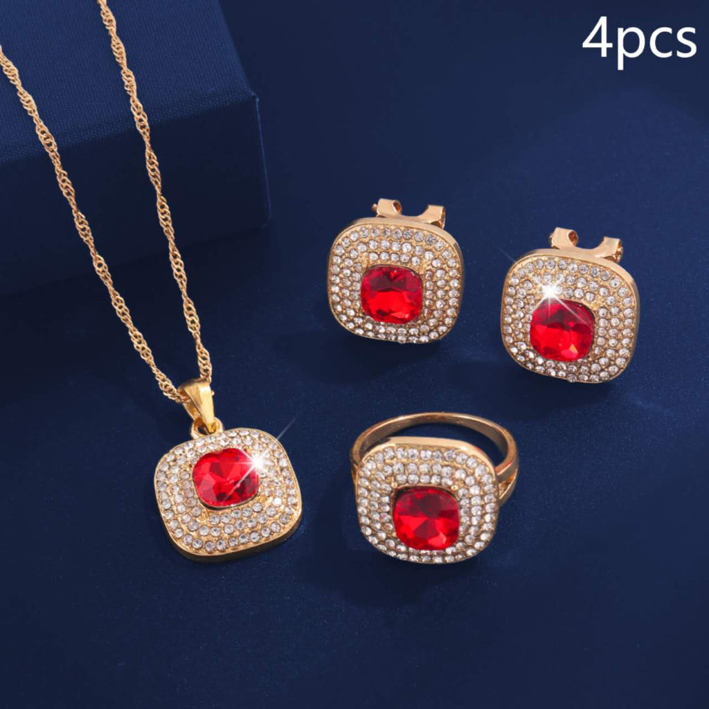 4Pcs Square Cubic Zirconia Jewelry Set, Gold Plated Necklace, Open Ring & Stud Earrings, Bridal Jewellery for Wedding Party Evening