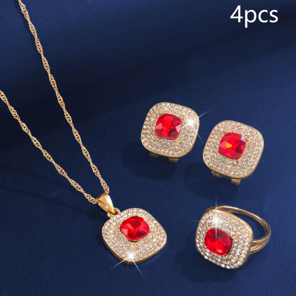 4Pcs Square Cubic Zirconia Jewelry Set, Gold Plated Necklace, Open Ring & Stud Earrings, Bridal Jewellery for Wedding Party Evening