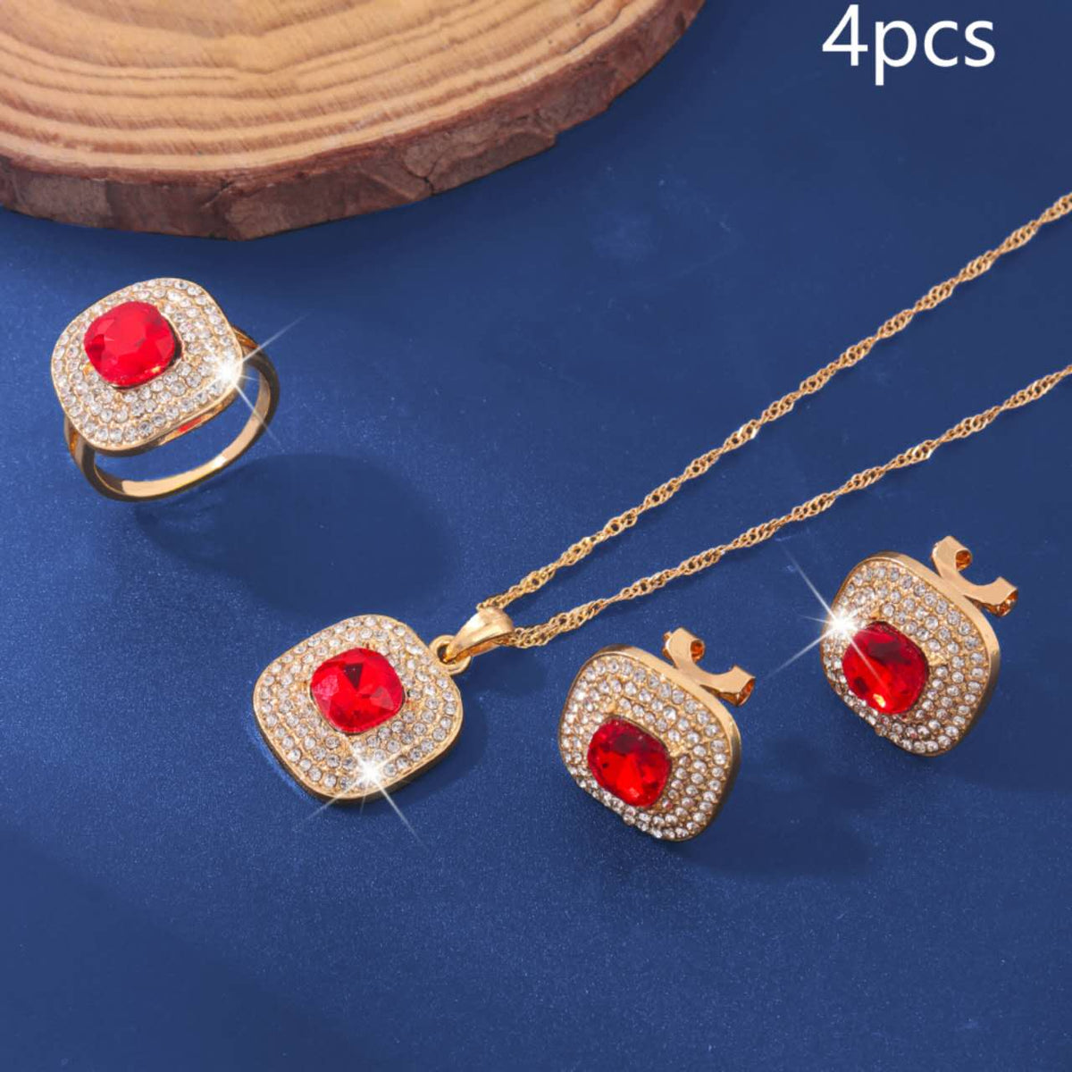 4Pcs Square Cubic Zirconia Jewelry Set, Gold Plated Necklace, Open Ring & Stud Earrings, Bridal Jewellery for Wedding Party Evening