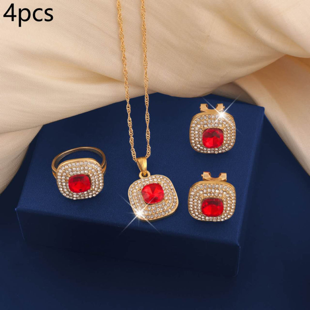 4Pcs Square Cubic Zirconia Jewelry Set, Gold Plated Necklace, Open Ring & Stud Earrings, Bridal Jewellery for Wedding Party Evening