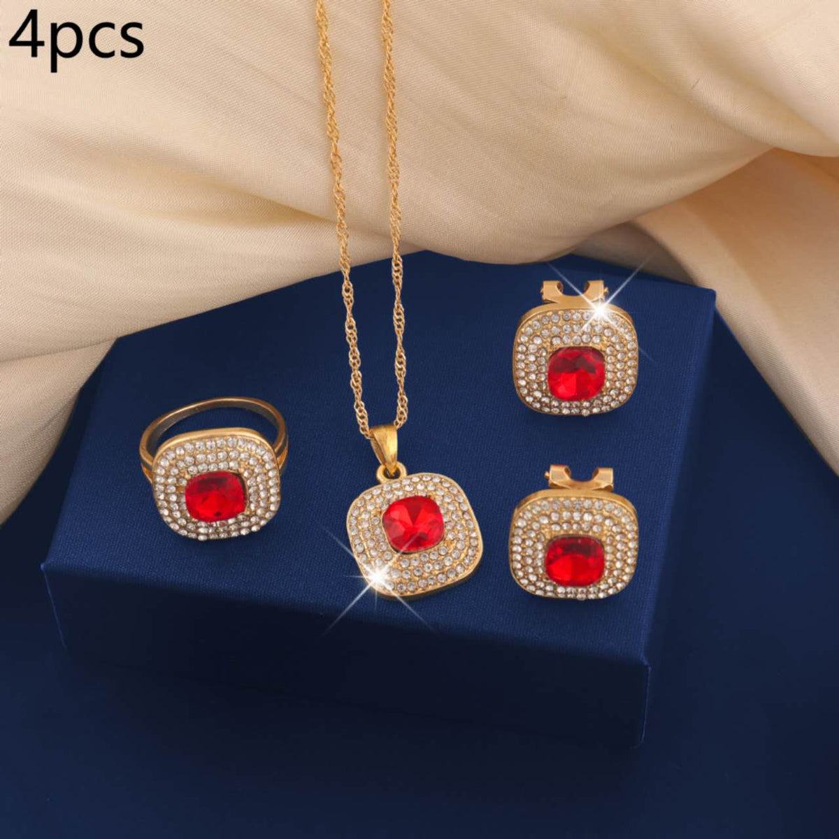 4Pcs Square Cubic Zirconia Jewelry Set, Gold Plated Necklace, Open Ring & Stud Earrings, Bridal Jewellery for Wedding Party Evening