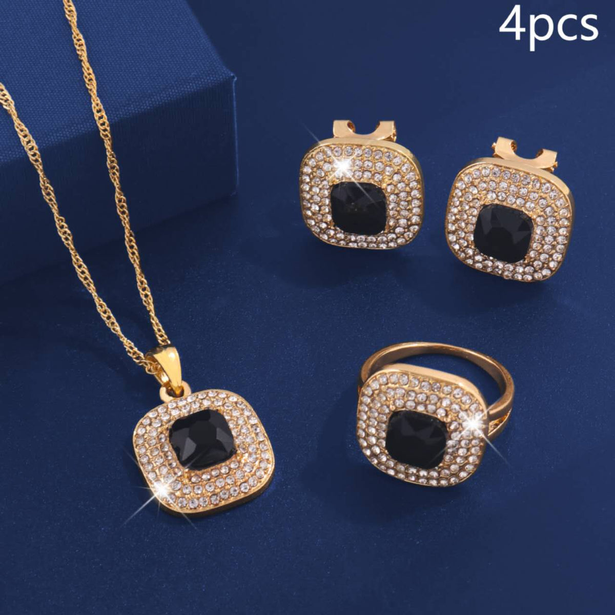 4Pcs Square Cubic Zirconia Jewelry Set, Gold Plated Necklace, Open Ring & Stud Earrings, Bridal Jewellery for Wedding Party Evening