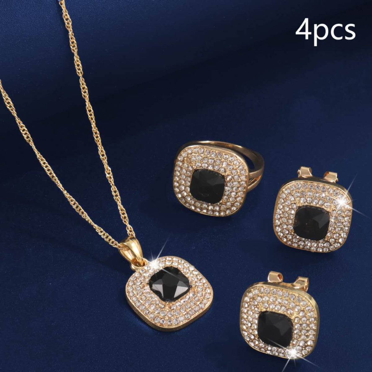 4Pcs Square Cubic Zirconia Jewelry Set, Gold Plated Necklace, Open Ring & Stud Earrings, Bridal Jewellery for Wedding Party Evening