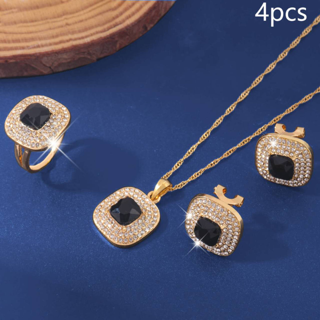 4Pcs Square Cubic Zirconia Jewelry Set, Gold Plated Necklace, Open Ring & Stud Earrings, Bridal Jewellery for Wedding Party Evening