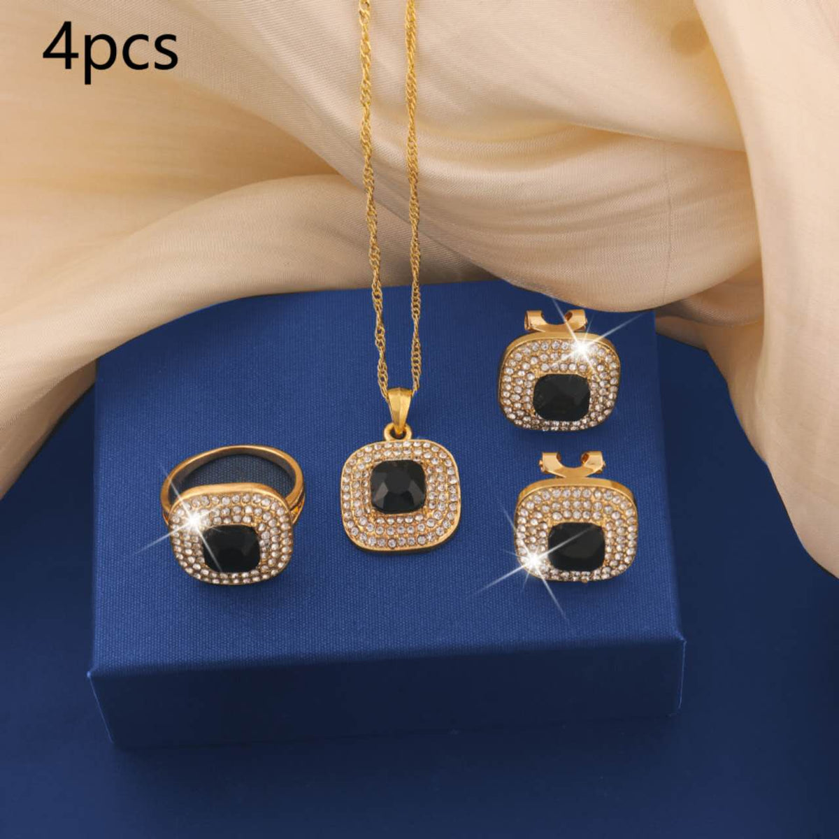 4Pcs Square Cubic Zirconia Jewelry Set, Gold Plated Necklace, Open Ring & Stud Earrings, Bridal Jewellery for Wedding Party Evening