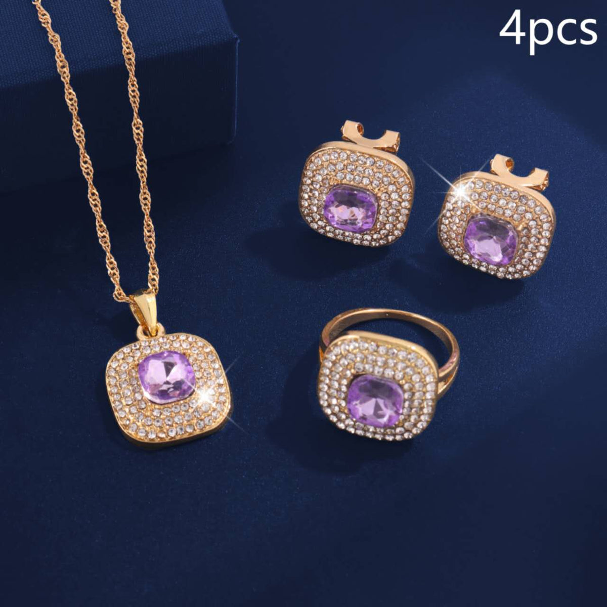 4Pcs Square Cubic Zirconia Jewelry Set, Gold Plated Necklace, Open Ring & Stud Earrings, Bridal Jewellery for Wedding Party Evening