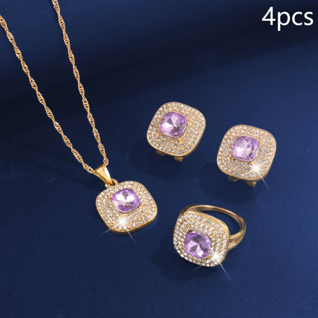 4Pcs Square Cubic Zirconia Jewelry Set, Gold Plated Necklace, Open Ring & Stud Earrings, Bridal Jewellery for Wedding Party Evening