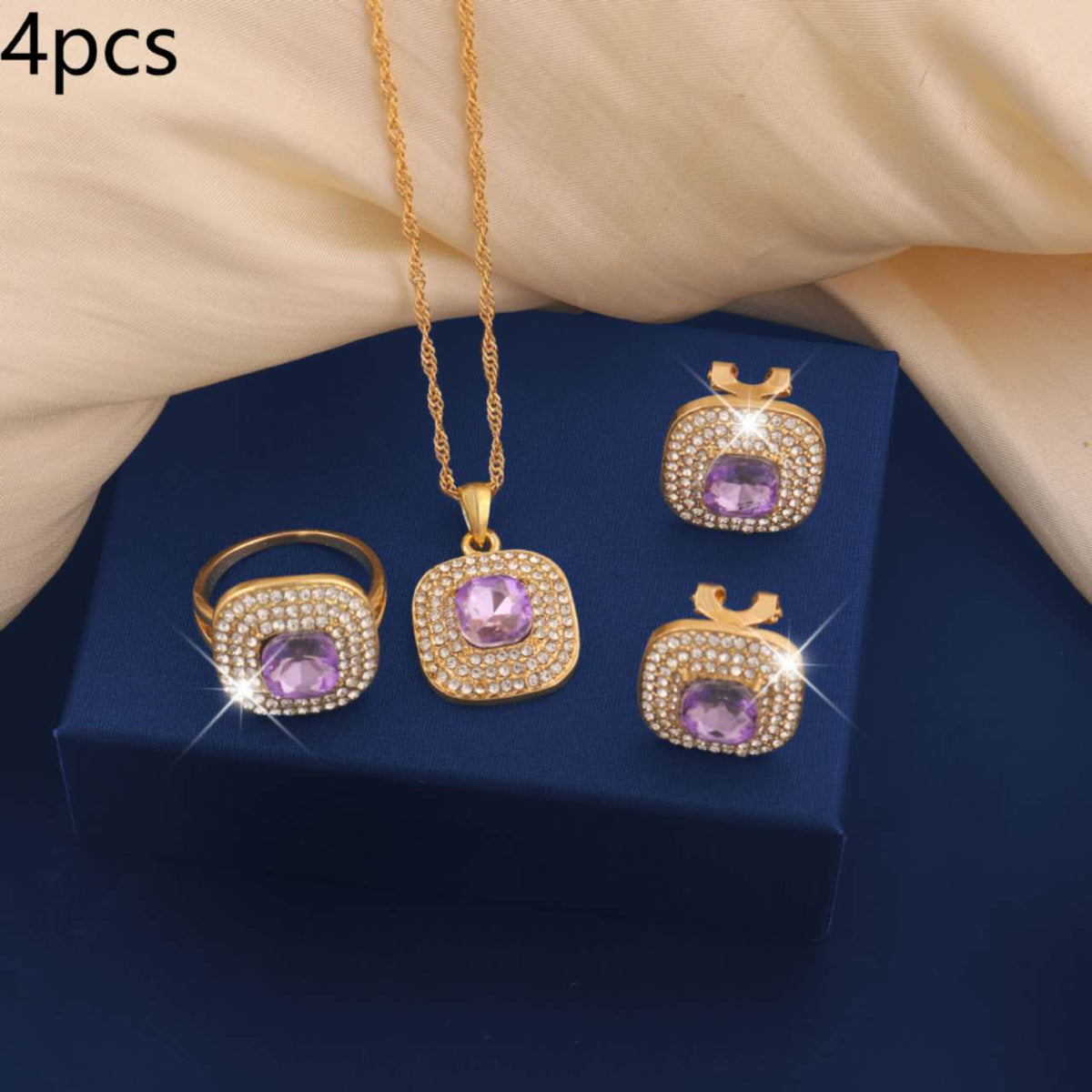 4Pcs Square Cubic Zirconia Jewelry Set, Gold Plated Necklace, Open Ring & Stud Earrings, Bridal Jewellery for Wedding Party Evening