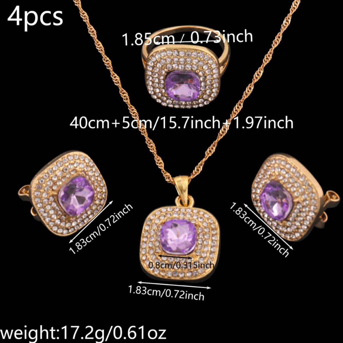 4Pcs Square Cubic Zirconia Jewelry Set, Gold Plated Necklace, Open Ring & Stud Earrings, Bridal Jewellery for Wedding Party Evening