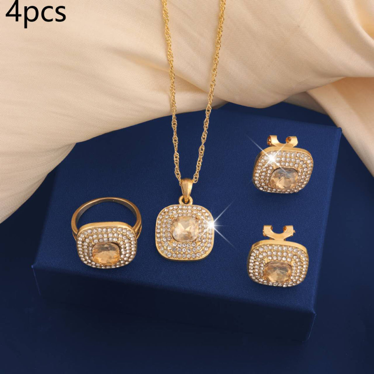 4Pcs Square Cubic Zirconia Jewelry Set, Gold Plated Necklace, Open Ring & Stud Earrings, Bridal Jewellery for Wedding Party Evening