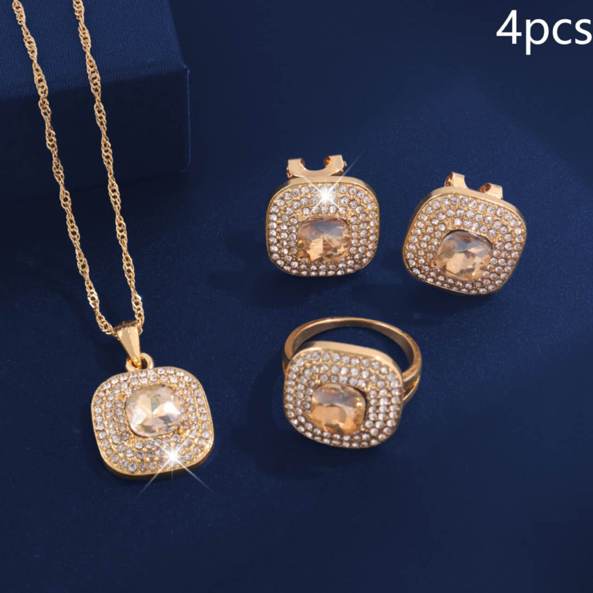 4Pcs Square Cubic Zirconia Jewelry Set, Gold Plated Necklace, Open Ring & Stud Earrings, Bridal Jewellery for Wedding Party Evening