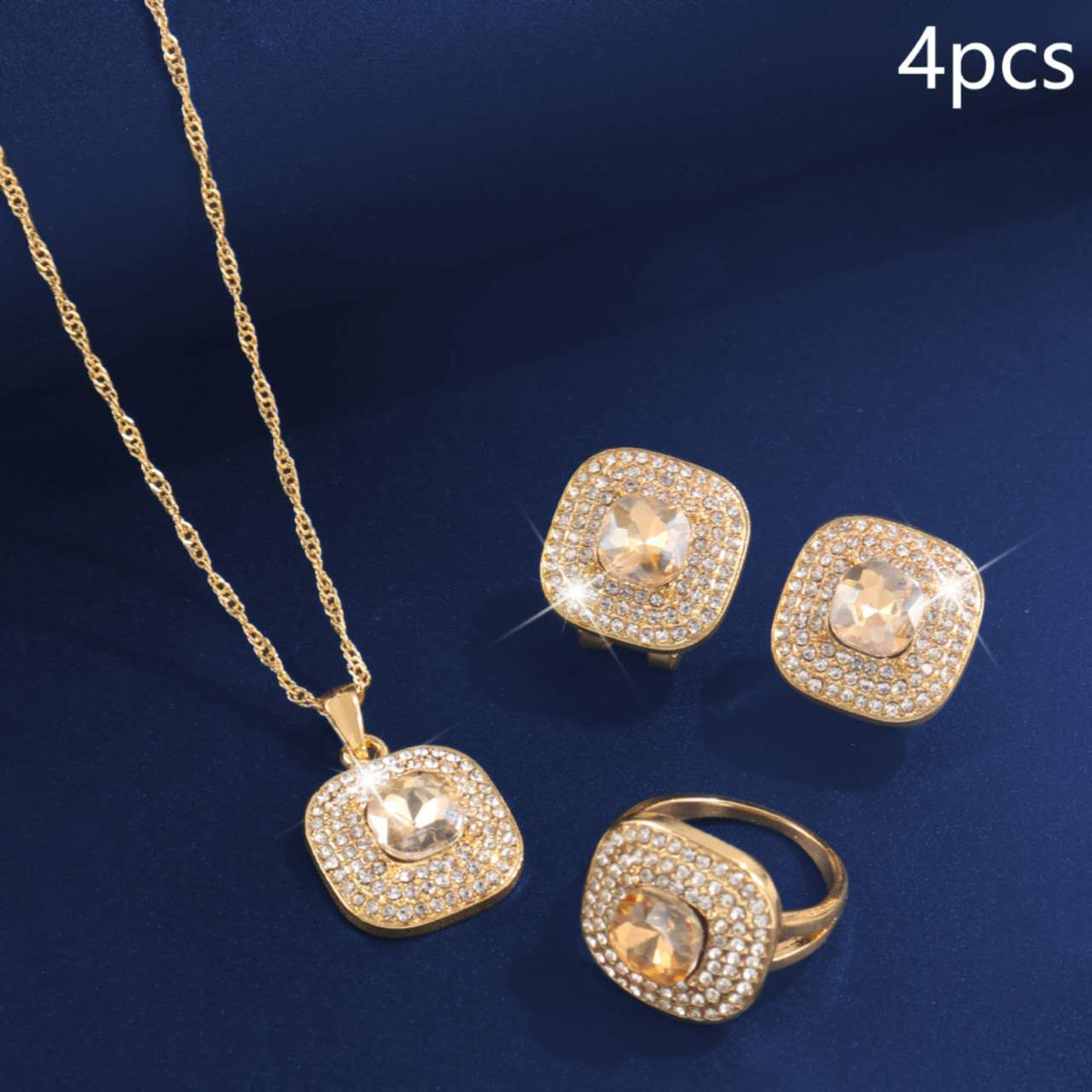 4Pcs Square Cubic Zirconia Jewelry Set, Gold Plated Necklace, Open Ring & Stud Earrings, Bridal Jewellery for Wedding Party Evening