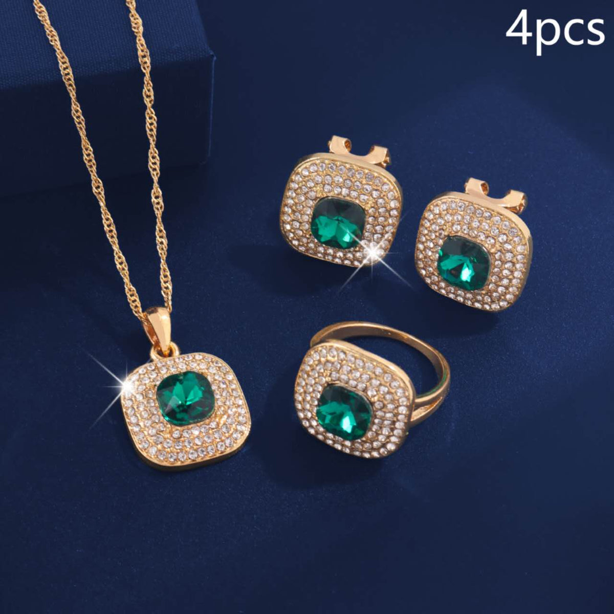 4Pcs Square Cubic Zirconia Jewelry Set, Gold Plated Necklace, Open Ring & Stud Earrings, Bridal Jewellery for Wedding Party Evening