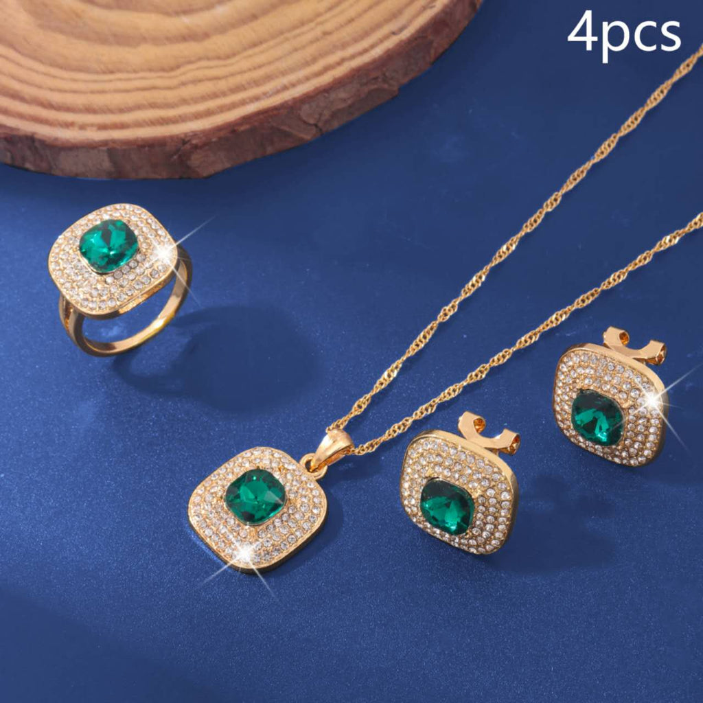 4Pcs Square Cubic Zirconia Jewelry Set, Gold Plated Necklace, Open Ring & Stud Earrings, Bridal Jewellery for Wedding Party Evening
