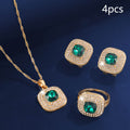 4Pcs Square Cubic Zirconia Jewelry Set, Gold Plated Necklace, Open Ring & Stud Earrings, Bridal Jewellery for Wedding Party Evening