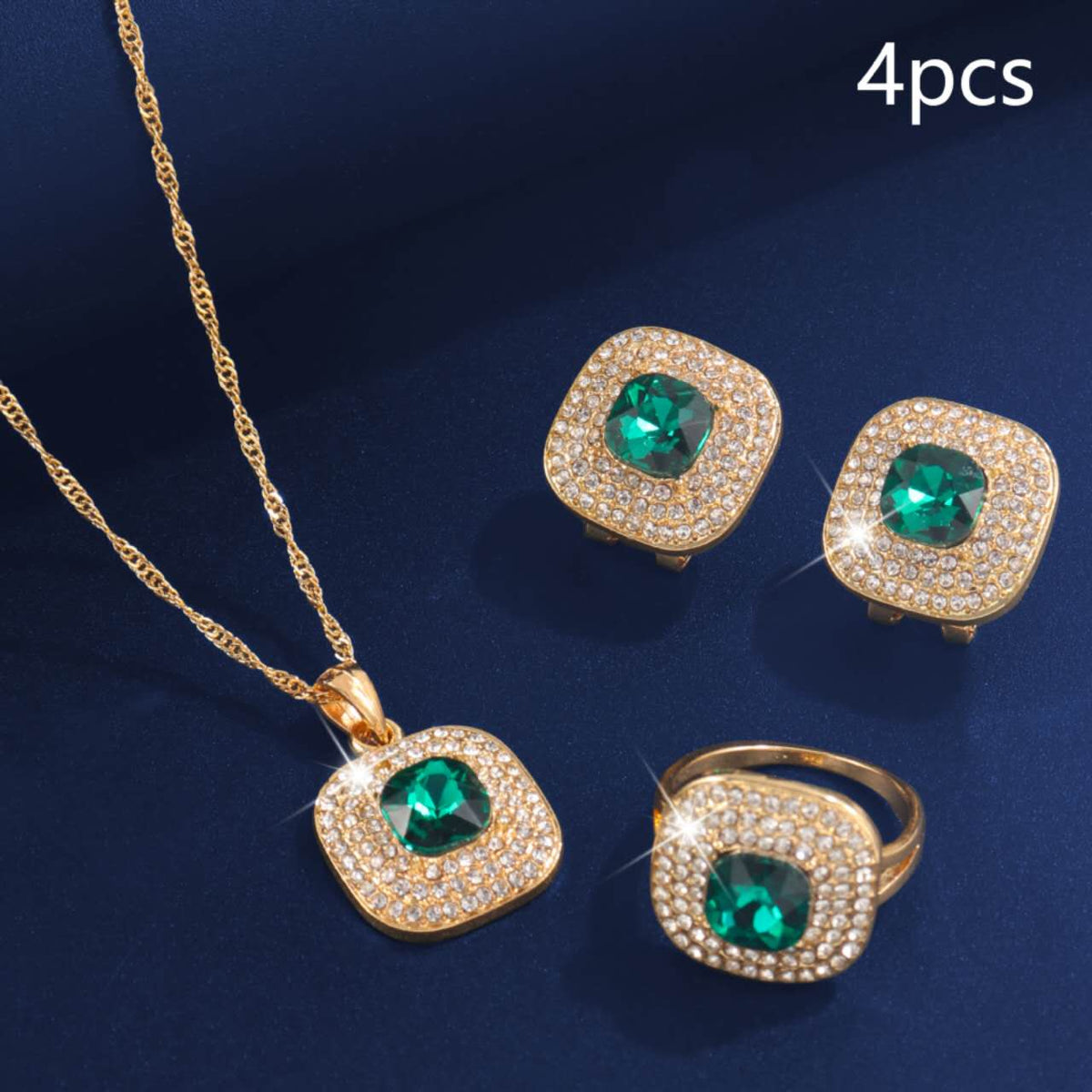 4Pcs Square Cubic Zirconia Jewelry Set, Gold Plated Necklace, Open Ring & Stud Earrings, Bridal Jewellery for Wedding Party Evening