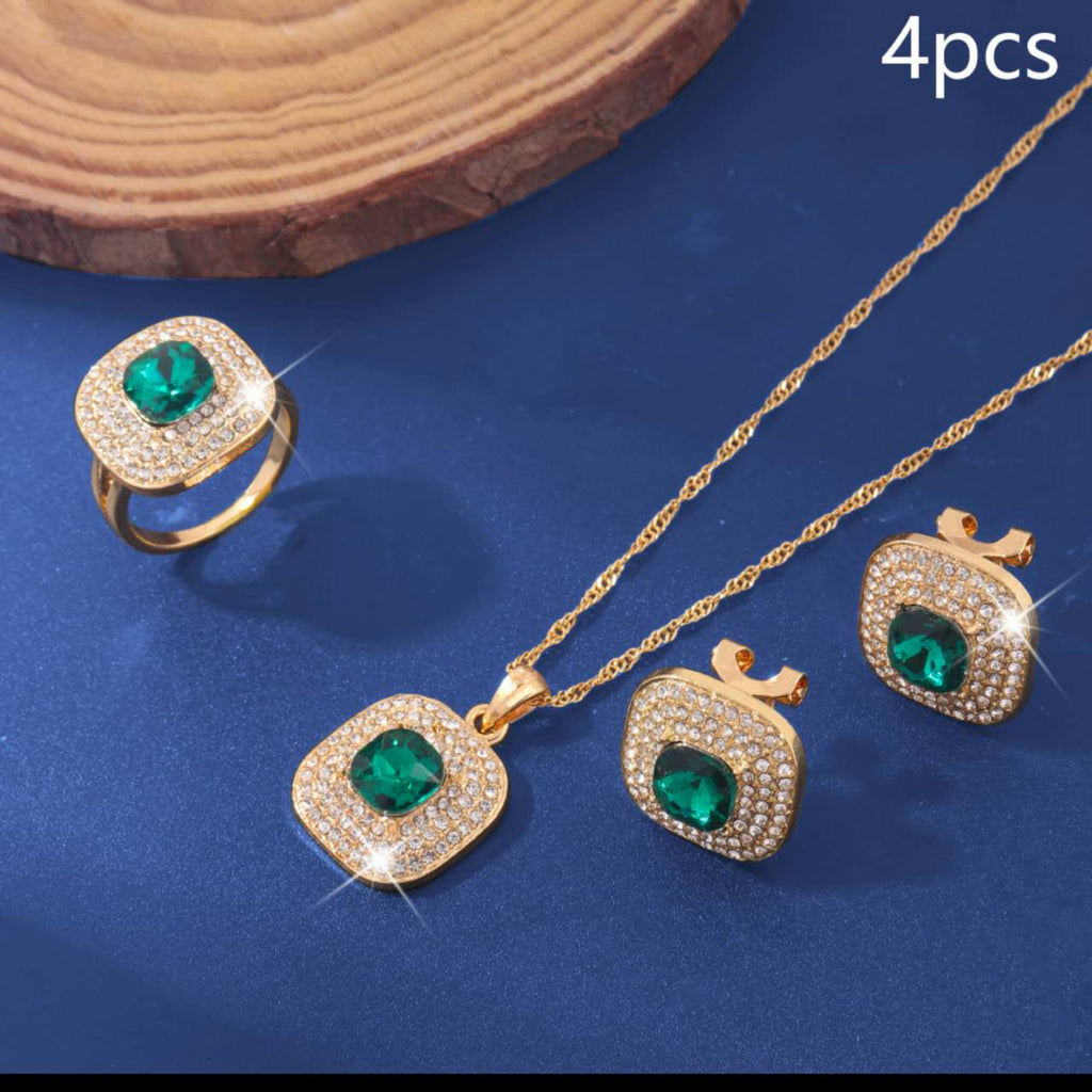4Pcs Square Cubic Zirconia Jewelry Set, Gold Plated Necklace, Open Ring & Stud Earrings, Bridal Jewellery for Wedding Party Evening