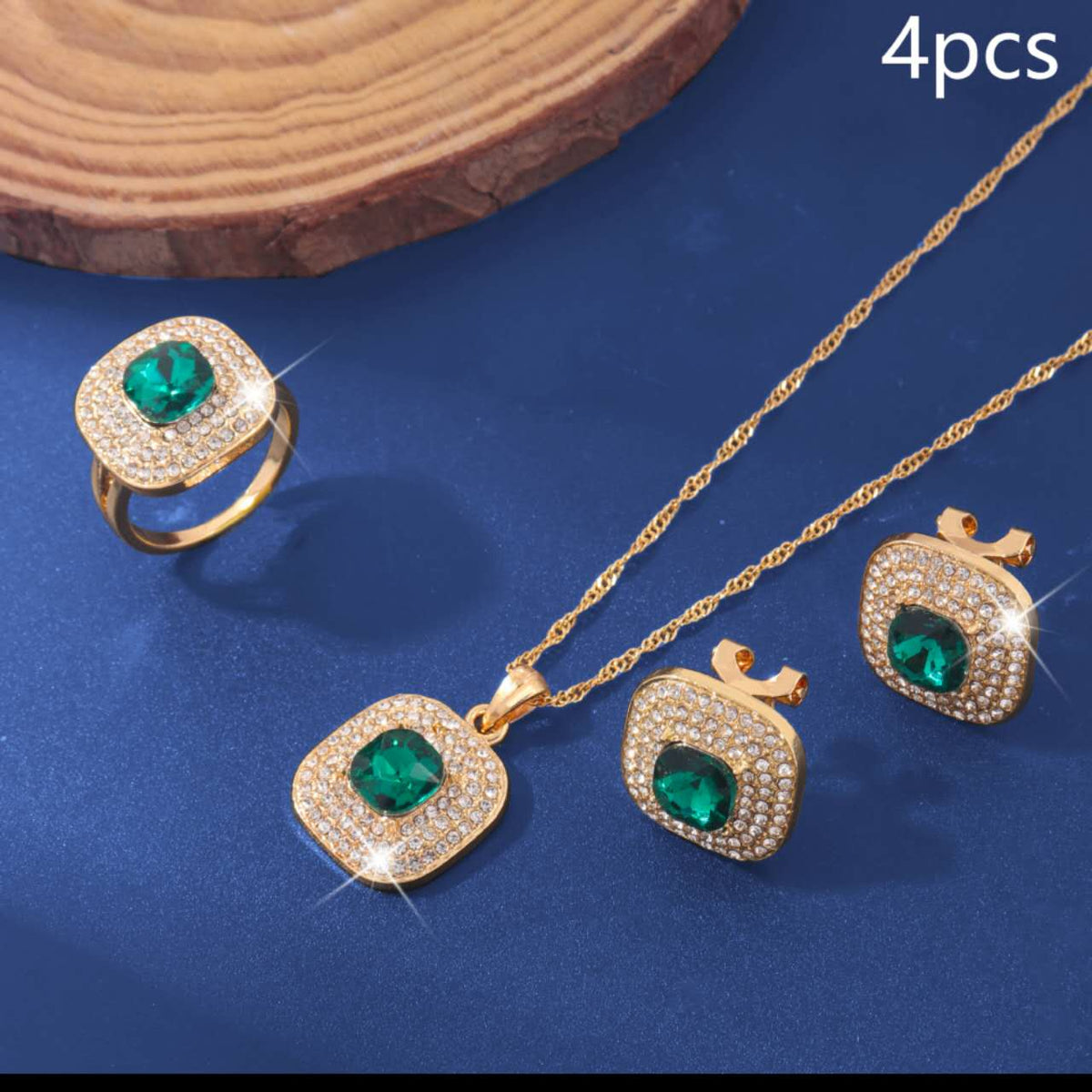 4Pcs Square Cubic Zirconia Jewelry Set, Gold Plated Necklace, Open Ring & Stud Earrings, Bridal Jewellery for Wedding Party Evening