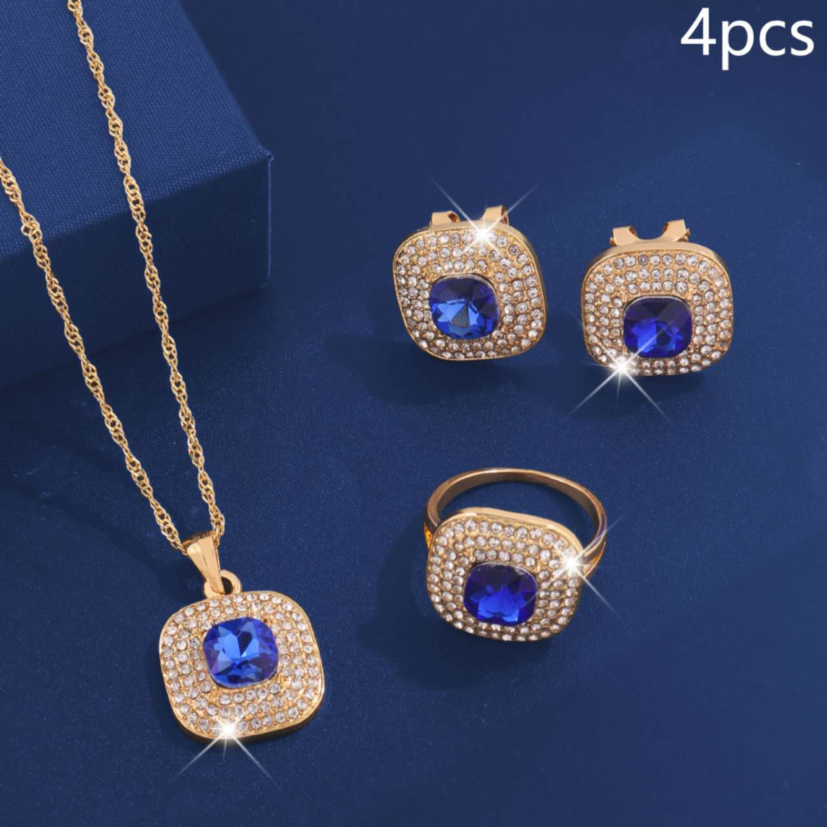 4Pcs Square Cubic Zirconia Jewelry Set, Gold Plated Necklace, Open Ring & Stud Earrings, Bridal Jewellery for Wedding Party Evening