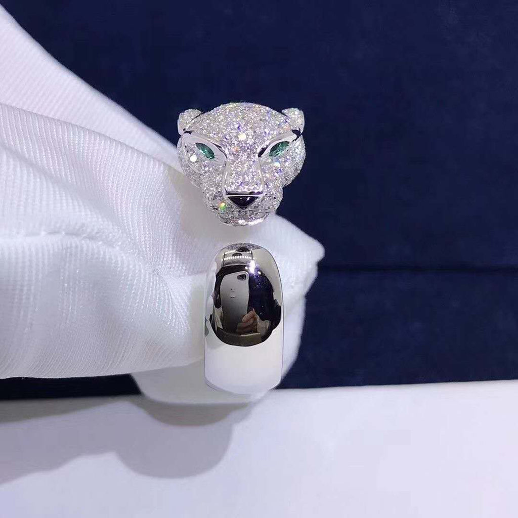 Open-style leopard head ring with cubic zirconia and rhinestones