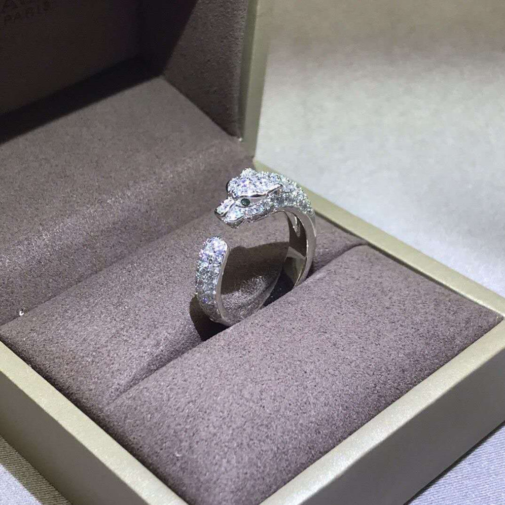 Open-style leopard head ring with cubic zirconia and rhinestones
